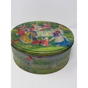 Metal Storage Tin Bunny Tea Garden Party 9.5” x 4” 'Rabbit Tea Party'